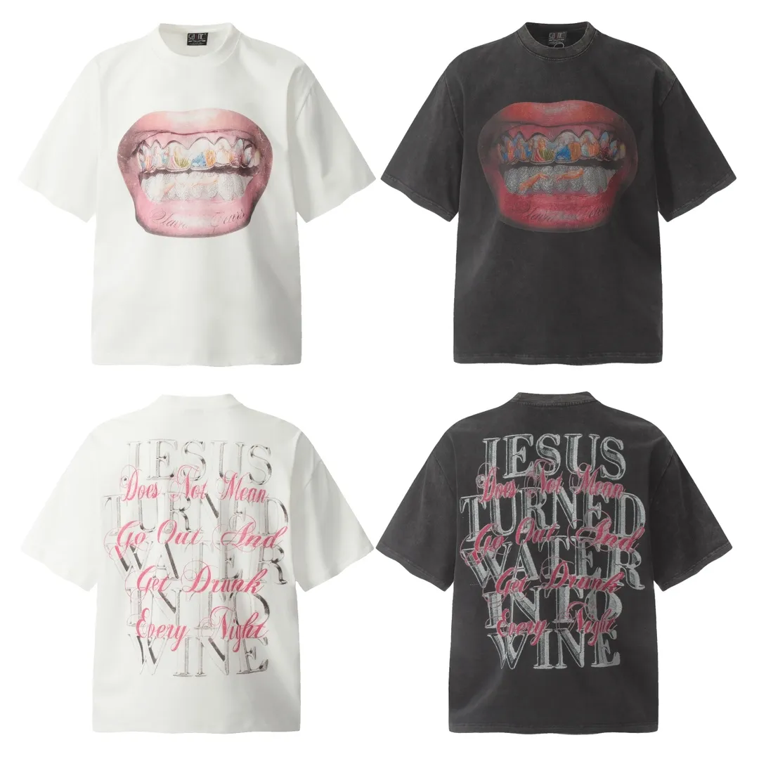 VT9231 Black P140💰 White P130💰 Saint Michael lip print vintage vintage washed distressed short sleeves small neckline design white ink digital direct printing high street retro heavy distressed washed vintage short sleeves Size: S M L XL